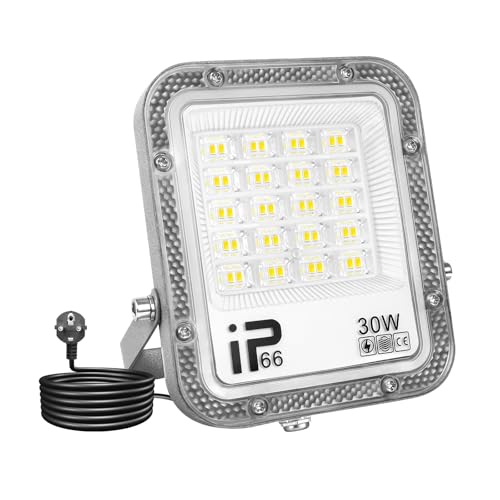 SKYWORLD 30W Focos LED Exterior, 3000lm foco led con enchufe, 6000K Blanco Proyector LED Exterior, IP66 Impermeable Luz de Seguridad, led Floodlight para jardín garaje terraza patio trasero