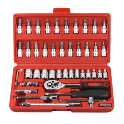 GTOULHH Herramienta Mecanica Juego De Herramientas De Reparación Combinadas De Coche con Llave Dinamométrica De Trinquete Hexagonal con Enchufe De 46 Uds Motocicletas(Rot)