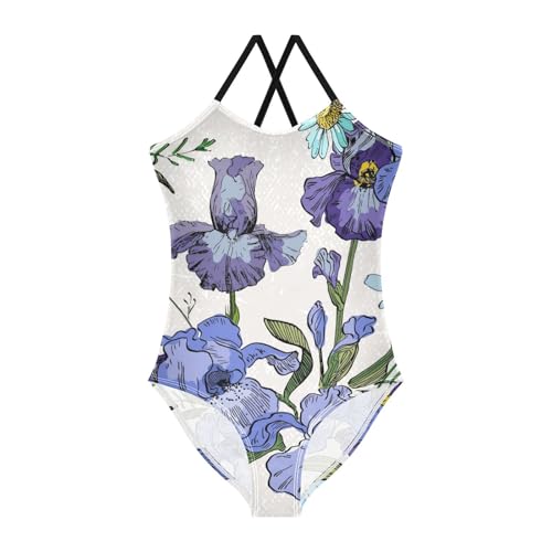 Girls One Piece Swimsuits Irises and Daisies Pattern Sport Halter Swimwear Beach Bathing Suit, 4T