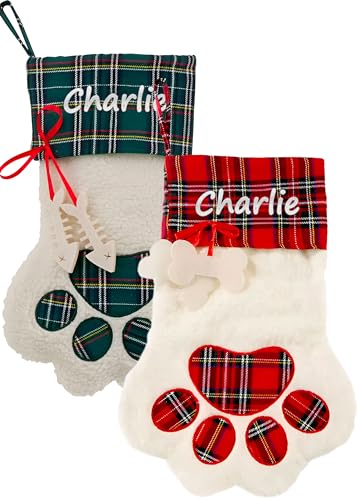 Personalized Dog Cat Paw Christmas Embroidered Stocking with Custom Pet Name - White Faux Sherpa with Red Green Plaid Cuff and Dog Fish Bone Accents Xmas 2024-1 Pack