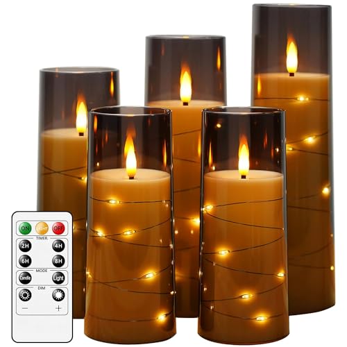 salipt Velas LED con Efecto de Cristal, Vela Eléctrica Efecto Llama, Velas a Pilas sin Llama con Control Remoto, Temporizador, Juego de 5 Veladoras LED con Vidrio Acrílico y Cadena de Luces