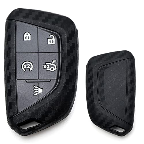 Image of iJDMTOY Black Carbon Fiber Pattern Full Coverage Soft Silicone Key Fob Cover Compatible with 2020-up Cadillac CT5 CT6 XTS XT4 XT5 ATS Keyless Fob
