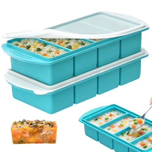 2-Pack Silicone Soup Freezer Tray with Lid, 1 Cup/250mL Large Freezer Mould, 4-Compartment Food Storage Container for Meal Prep, Soup, Broth, Sauce & Leftovers, Dishwasher & Oven Safe (Blue)