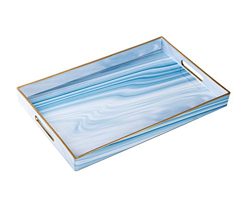 CC Wonderland Blue marble stripes Serving Tray With Handles (Set of 2),2 Rectangle, Decorative tray for Ottoman & Coffee table