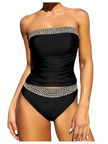 COZYEASE Women's 2 Piece Woven Splice Tankini Swimsuits Ruched Strapless Bandeau Bathing Suit Beachwear