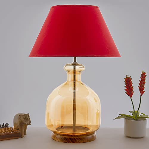 Image of Alper Mini Amber Luster Glass Table Lamp with Maroon Cotton Shade | Modern Designer Bedside & Living Room Decorative Table Light (Bulb Included)