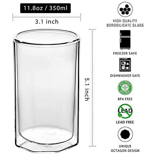 Zens Double Walled Glasses,Unique Octagonal 11.8 Ounce Insulated Glass Mugs Set Of 4, Clear Borosilicate Coffee Cups Tumbler For Cappuccino Or Latte #TOP3