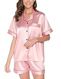 Pigiama Donna Seta in Raso Pigiama Donna Estivo Corto Scollo a V con Bottoni Due Pezzi Maniche Corte e Pantaloncini Elegante Relax per Casa
