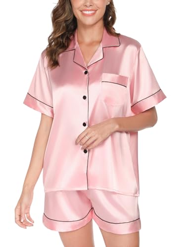Reliwel Schlafanzug Damen Satin Pyjama Damen Kurz Set mit Knopfleiste V-Ausschnitt Zweiteiliger Pjs Sets Seide Nachtwäsche Kurzarm Sommer Hemdpyjama Hausanzug S-XXL