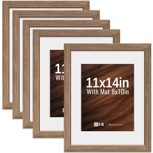 Image of VCK 11x14 Picture Frame 5 Pack, Walnut Wood, 8x10 Mat, Glass, for Photo