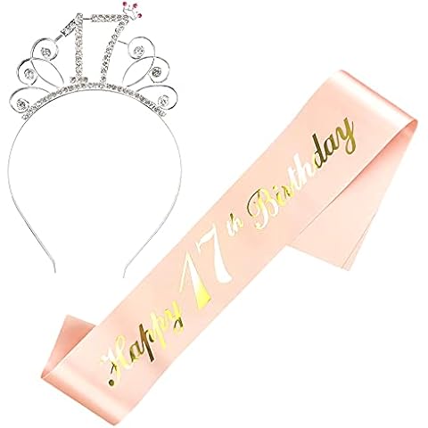 JKJF 17th Birthday Sash and Tiara Set Happy 17th Birthday Sash 17th Birthday Crystal Tiara Rhinestone Crown Headband for Ladies Women Birthday Gift Birthday Decoration Party Supplies - Rose Gold 2 pcs Cover