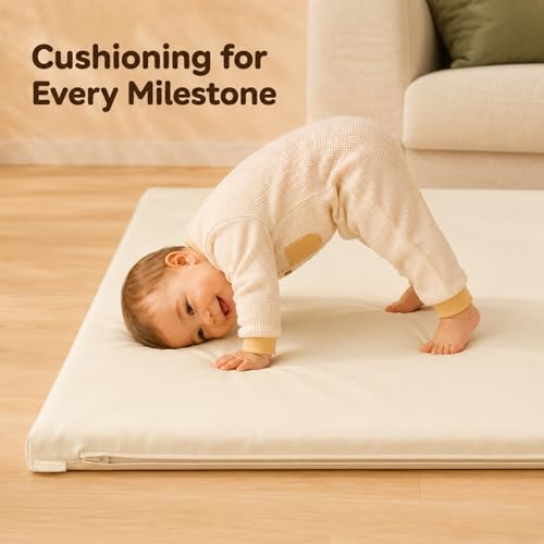 Image of Vegan Leather Baby Play Mat, 79x59 Thick Cushioned Waterproof Playpen Mat, Stylish Removable Cover Floor Mat for Babies & Toddlers, Soft Padded Play Mat for Safe Crawling, 1.2 inch Thick, Cream