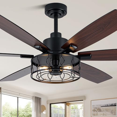 Image of Farmhouse Ceiling Fan with Lights Remote 60 inch Rustic Ceiling Fan | Black Caged Fandelier, Large Chandelier Light for Living Room Covered Outdoor, Reversible Quiet DC Motor 6 Speed, 3 E26 Bulbs