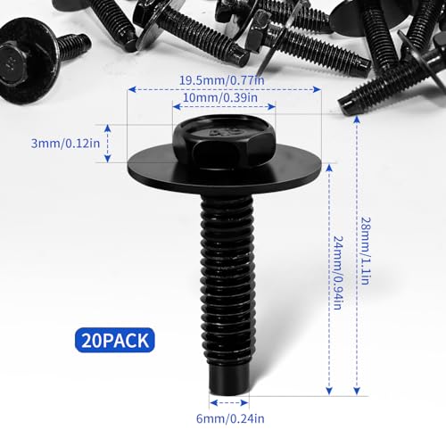 Image of 20pcs M6-1.0 Hex Head Sems Body Bolts with for Bumper Fender Splash | Shield Under Cover Hood M6 Bolt M6x1.0