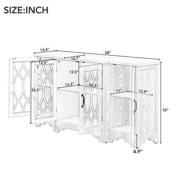 Familienfreundliche Retro Kommode Glastür mit geschwungenem Liniendesign, geräumiger Aufbewahrungsschrank mit schwarzem Griff und drei verstellbaren Regalen für Esszimmer und Küche (Naturholz)