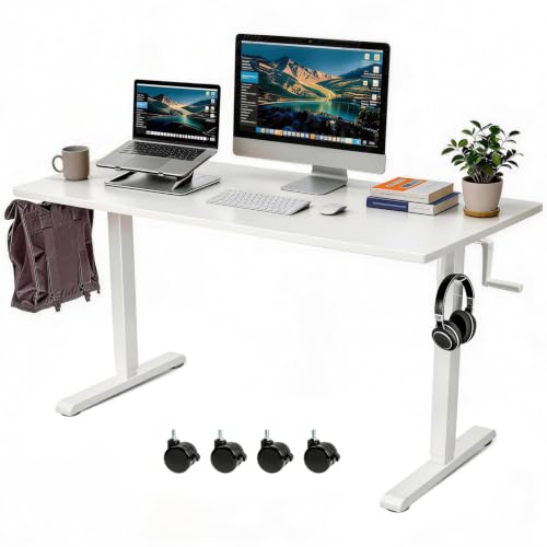 Whole Piece Manual Standing Desk Adjustable Height with Lockable Casters- Hand Crank Stand up Desk with Wheels, Mobile Sit to Stand Workstation with Handle