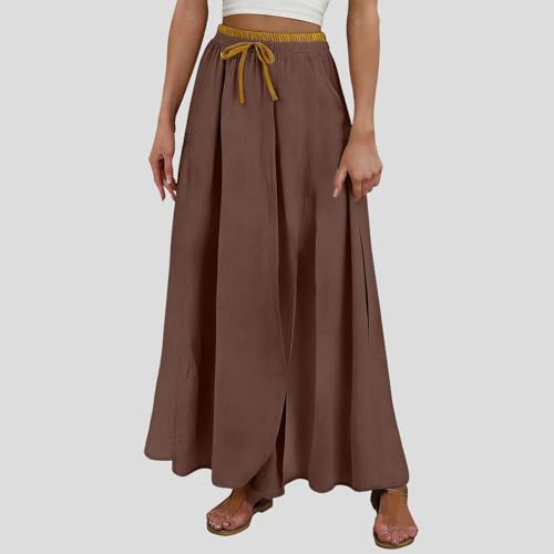 Jupe midi à taille haute élastique et tissu marron