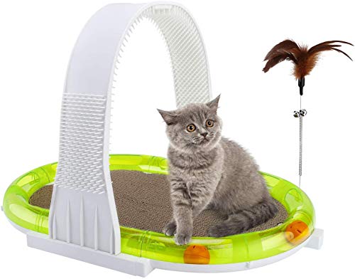 Brinquedo Gatos 4 em 1 = Arranhador + Túnel de bolinhas + Vareta com penas + Arco massageador