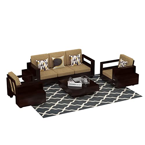 Image of Sheesham Wood 5 Seater Sofa Set with 2 Drawer Storage | 3+1+1 Wooden Sofa Set Furniture for Living Room Home Office (Walnut)