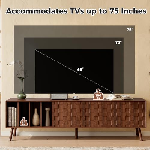 Image of Merax 69 inch TV Stand for TVs Up to 75 inch, Modern Entertainment Center with 3 Doors and Vertical Open Shelves, Media Console with Unique Mosaic Front Design for Living Room