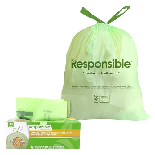 Responsible Products Bolsas de basura de cocina con cordón de 30 galones, certificadas, compostables, resistentes, multiusos, bolsas de restos de alimentos, hechas de materiales compostables (18