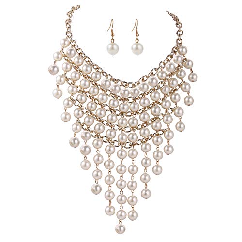 Faux Pearl Necklace Bib Chunky Necklaces For Women Fashion Jewelry Costume Layered Necklaces For Women Multi Strand Pearl White Beaded Statement Necklaces Earrings Set