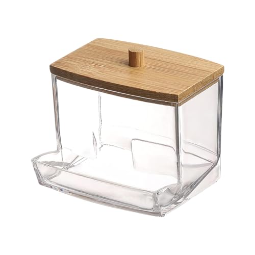 FSSTUD Distributeur de cotons-tiges carré en plastique transparent - Boîte de rangement en acrylique transparent pour salle de bain avec couvercle en bois