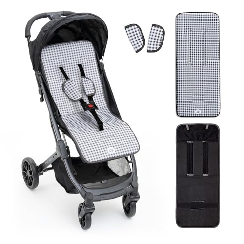 Interbaby Colchoneta Silla Paseo Universal para Verano | Transpirable y Cómoda | Funda Carro Bebe 100% Algodón, 84x34cm, Protectores para Arnés | Funda Silla Paseo Vichy Gris