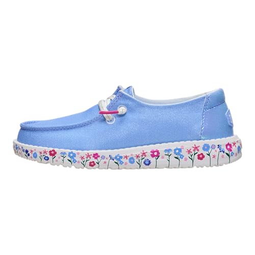 Image of HEYDUDE Girl's Youth Wendy Garden Floral Slip On Shoe | Skyway Blue /Multi | Lightweight Loafer with Elastic Laces