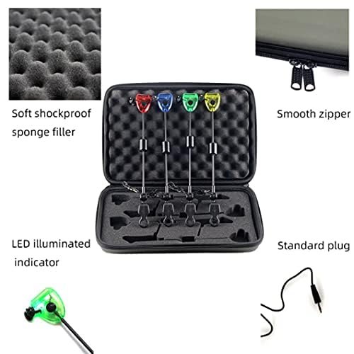Lot de 4 détecteurs de morsure de carpe avec lumière LED - Détecteur de swing lumineux - 32 cm - Avec boîte de transport - Indicateurs de touche pour la pêche à la carpe