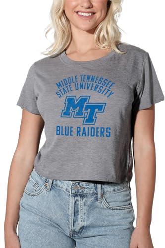 Middle Tennessee State Blue Raiders Logo Womens Crop Top, Grey, S | Short Sleeve Tee, Graphic Print, Ladies Character Apparel for Summer, Festivals, Concerts and Casual Wear