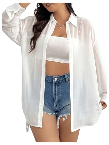 Milumia Women Plus Size Sheer Long Sleeve Button Down Shirt See Through Blouse Tops3