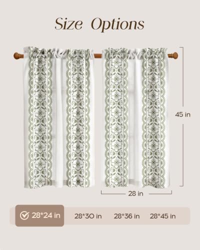 Image of Miss Adola Boho Kitchen Curtains - 45 Inch Length Linen Blend Green Floral Cafe Curtains Farmhouse Tier Curtain Short Drapes Rod Pocket for Bathroom Living Room Windows Light Filtering, 2 Panels