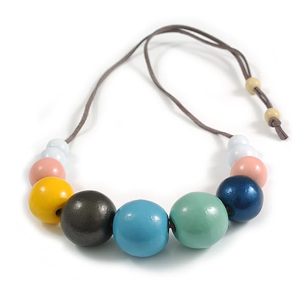 Collier de perles rondes en bois multicolores et cordon daim gris 72cm - 3