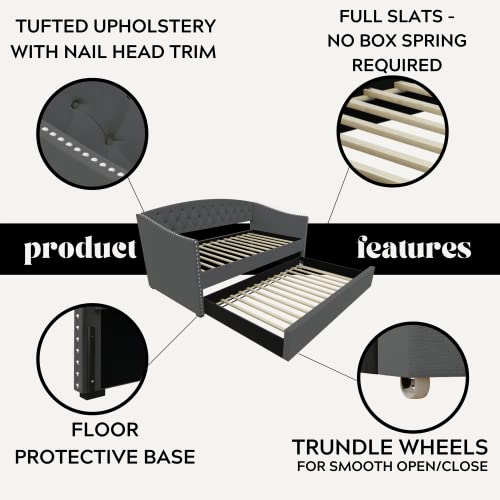 Dg Casa Suva Traditional Upholstered Daybed With Trundle Platform Bed Frame With Diamond Button Tufting Nailhead Trim And Full Wooden Slats, Box Spring Not Required - Twin Size Day Bed In Gray Fabric #TOP6