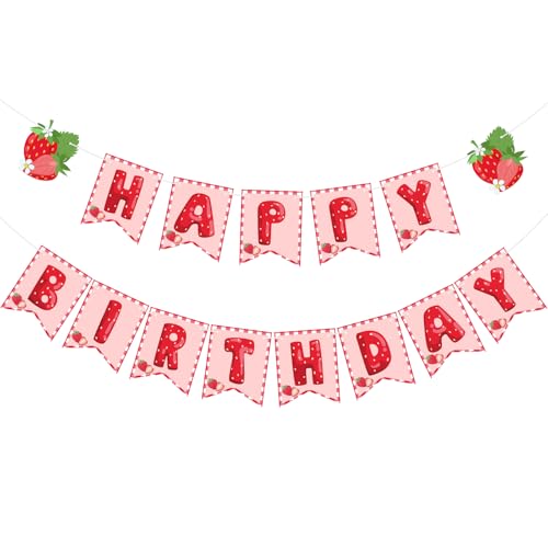 Image of Hooqict Happy Birthday Banner Strawberry Birthday Decorations Hanging Sign for Girls Red and Pink Sweet Berry 1st Strawberry Party Decorations Supplies