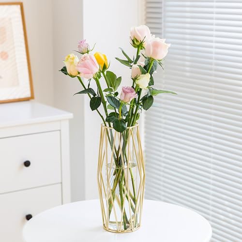 SAMISO-vaso-decorativo-da-interno-con-Supporto-Metallico-GeometricoVaso-di-Fiori-in-VetroVaso-GeometricaVaso-in-Metallo-GeometricoVaso-Trasparente-da-27-cm-per-Tavolo-Casa-Bagno-Soggiorno-Ufficio