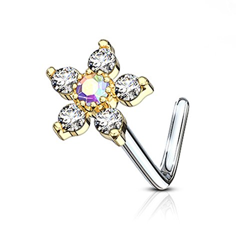 Forbidden Body Jewelry 20g 14k Gold Plated Surgical Steel L Shaped Nose Ring w/ 6-CZ Crystal Flower, Aurora Borealis/Clear