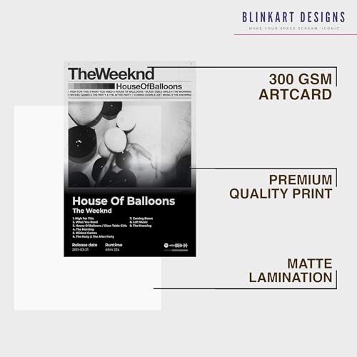 Image of BLINKART The Weekend - House of Balloons Wall Photo Frames | Wall Art for Bedroom, Living Room, Studio or Office | Album Cover Print with Spotify Song Link QR Code | Gift for Fans - 8x12 In