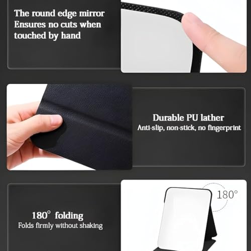 Image of Foldable Makeup Mirror with Stand 16x11 cm | Portable PU Leather Vanity Mirror | HD Frameless Table Mirror | Adjustable Angle Travel Mirror for Dressing Table, Bathroom & Office Use (Black)