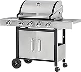 Outsunny Barbecue Gas con Coperchio e 5 Bruciatori Totali da 15.2kW, Termometro, Mensola e 4 Ruote, 128x50x113cm Nero e Acciaio