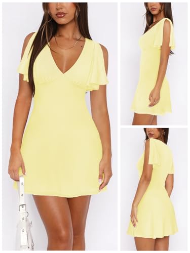 Image of MIYIEONZ Women's Sexy Deep V-Neck Ruffle Sleeve Mini Dresses Summer Casual Bodycon Beach Cocktail Party Club Short Dress
