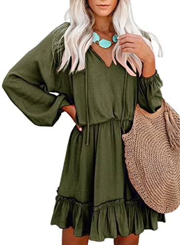 Dokotoo Womens Ladies Casual Summer Fall Sexy V Neck Ruffle Elegant Long Sleeve Empire Waist Cute Chiffon Boho Beach Tunic Swing A Line Flowy Mini Short Dresses for Women 2021 Olive Green Large
