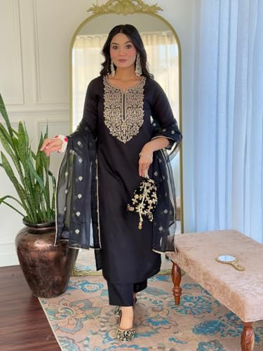 Image of Naixa Women's Viscose Embroidered Straight Kurta with Pant and Dupatta Sets (Available in Plus Size) (NX-674)