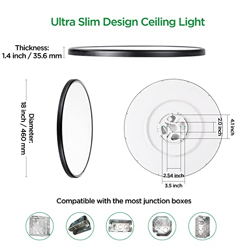 18 Inch Black Flush Mount Led Ceiling Light Fixture For Living Room Dining Room Kids Room 36W Ultra-Thin 5Cct-In-1 Round Surface Mounted Fixture Brightness Dimmable Equivs To 260W Traditional Led Bulb #TOP6