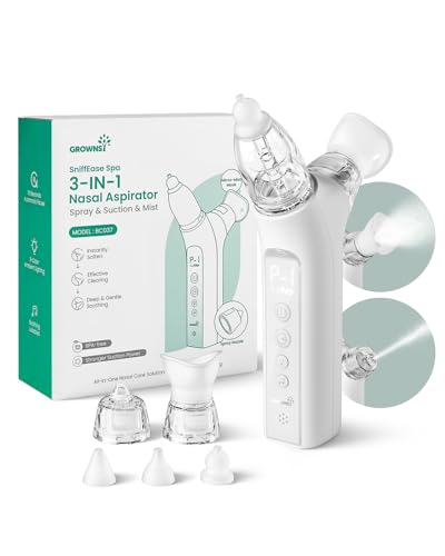 Image of GROWNSY SniffEase Spa 3-in-1 Nasal Aspirator for Baby - Spray, Suction & Mist, Hospital-Grade Powerful Electric Nose Suction with Soothing Light & Music, Larger Chamber (Light Grey)