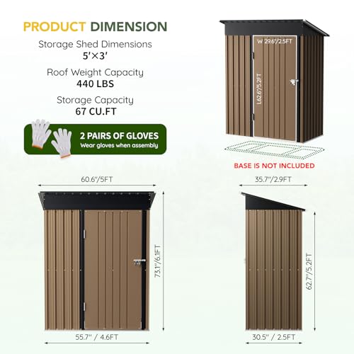 Image of 5x3FT Vertical Outdoor Steel Storage Shed, Lockable Doors, Compact Metal Tool Shed for Garden, Backyard, Patio, Utility, and Bike Storage,Brown