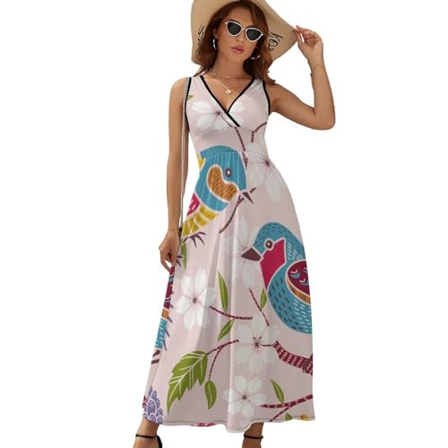 Robe maxi imprimé oiseaux de couleur coupe longue fluide et estivale