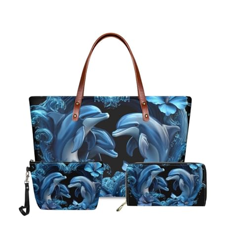 GIFTPUZZ Dolphin 3-Piece Women's Travel Set: Long Purse Phone Wallet,