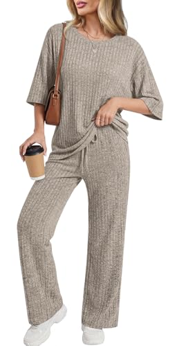 Addtoo Womens 2 Piece Lounge Sets 2026 Causal Short Sleeve Ribbed Knit Camel Pajamas with Pockets L